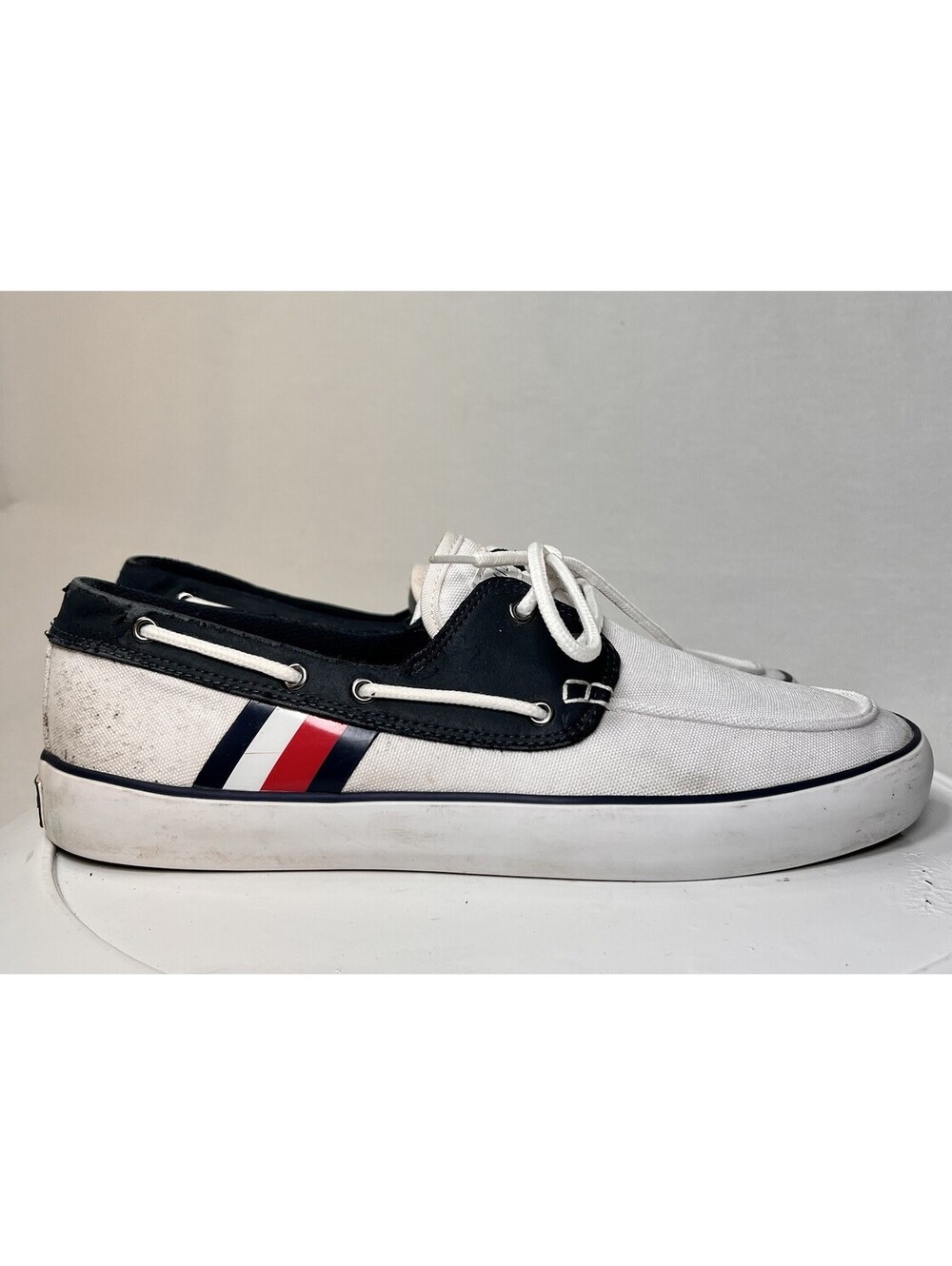Tommy Hilfiger Boat Shoes White Canvas Slip On Casual Preppy Coastal Men’s 10.5